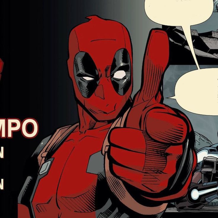 a comic strip with deadpool pointing at the camera and an image of a car in the background