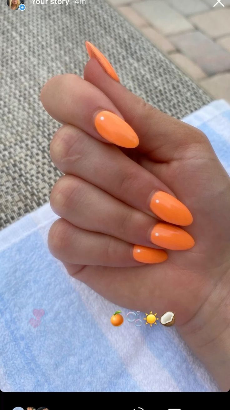 Tangerine Nails Acrylic, Solid Color Almond Nails Summer, Mango Orange Nails, All Orange Nails, Tangerine Nail Color, Orange Nails Almond Shape, Nail Colors To Make You Look Tan, Orange Nail Inspo Acrylic, Orange Almond Acrylic Nails