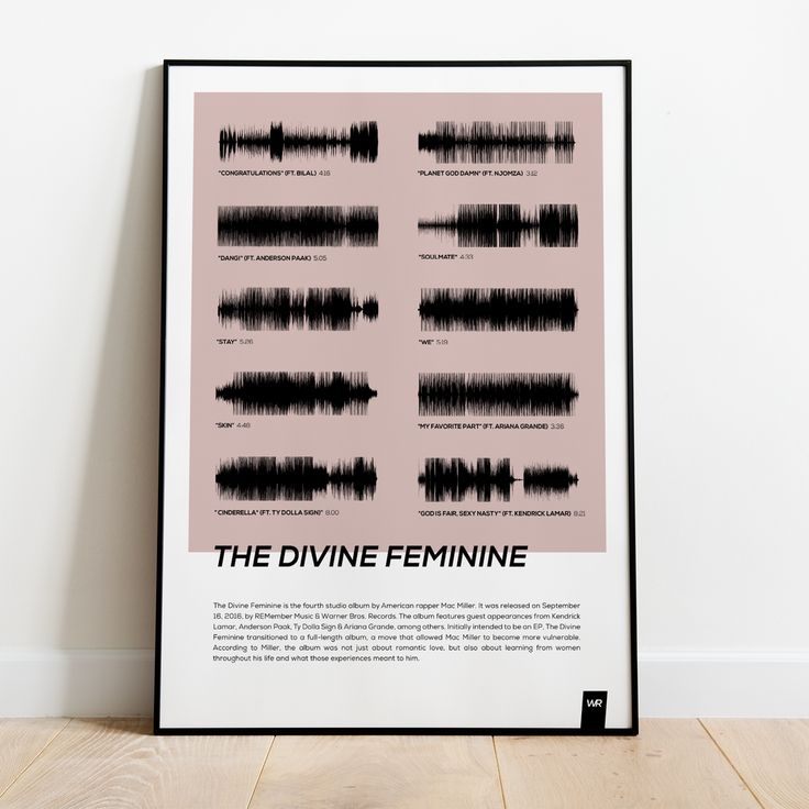 the divine feminine poster in front of a white wall with black and pink sound waves