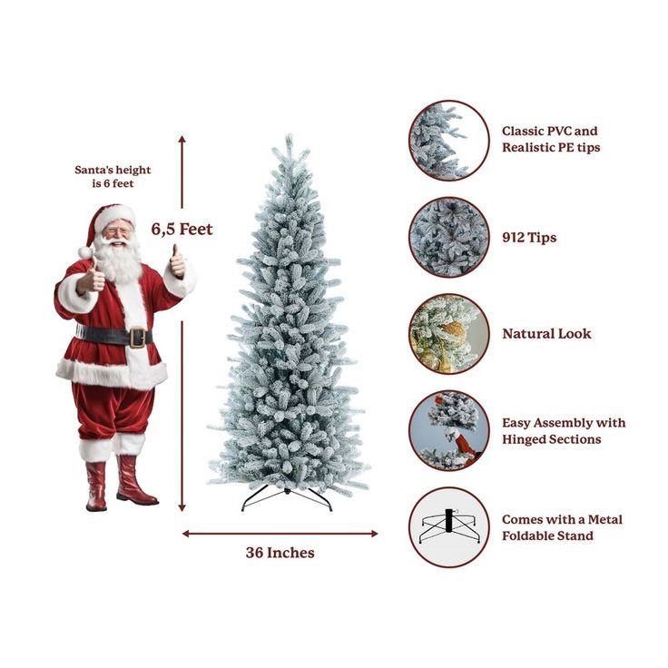 a christmas tree with santa claus standing next to it's base and measurements for the height