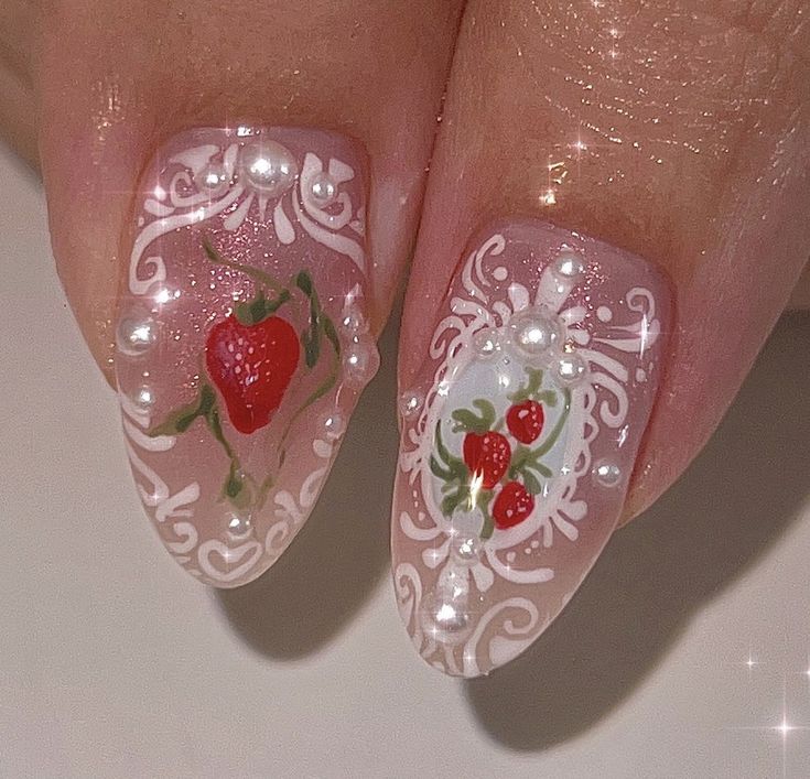 Strawberry Coquette Nails, Trinket Nails, Fairy Wing Nails, Nail Inspo Kawaii, Star Girl Nails, Cozy Nails, Croquette Nails, Fairy Nail Art, Cottagecore Nails