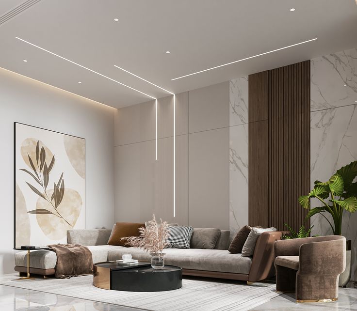 a modern living room with marble floors and white walls, large painting on the wall