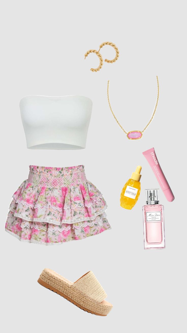 a woman's outfit and accessories including shoes, necklaces, lipstick, perfume bottle and purse