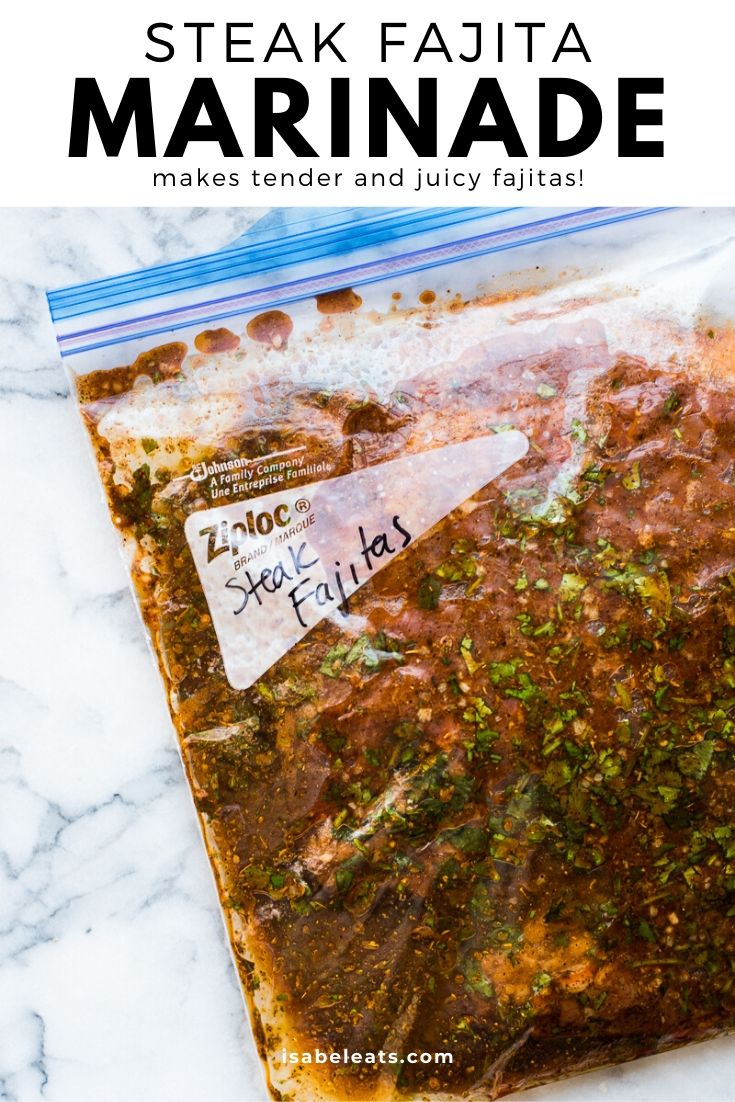 steak fajita marinade in a plastic bag on top of a marble counter