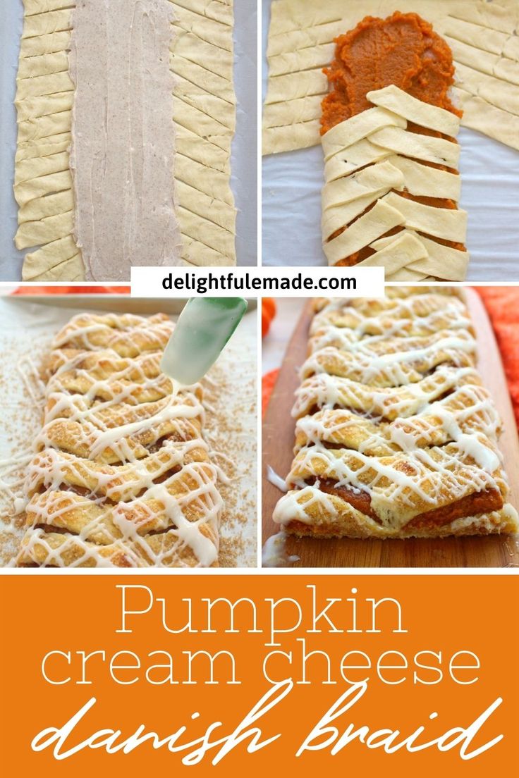 pumpkin cream cheese danish bread is cut up and ready to be baked in the oven