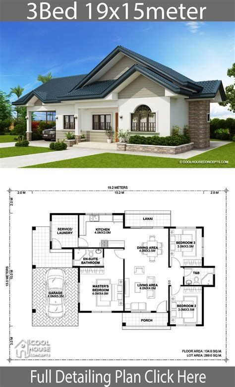 two story house plan with 3 beds and 1 5 meters from the ground level, it has