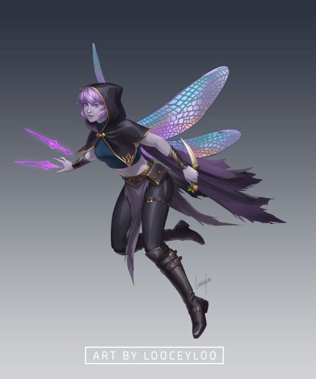 an animated character with purple hair and wings flying through the air, holding two swords