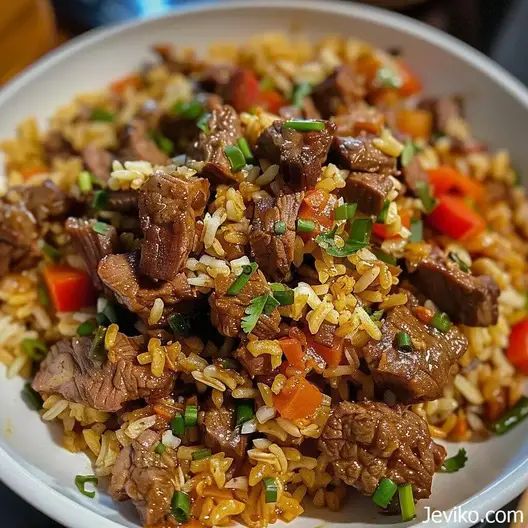 a white plate topped with rice and meat