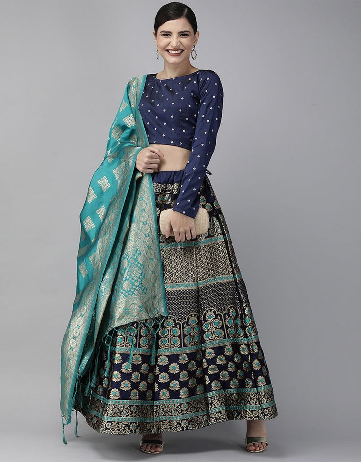 Navy Blue Banarasi Silk Jacquard Lehenga Choli Indowestern Lehenga, Jacquard Lehenga, Lehenga Green, Navy Blue Lehenga, Plus Size Lehenga, Black Lehenga, Full Sleeve Blouse, Party Wear Lehenga Choli, Lengha Choli