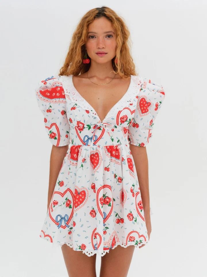 Daisy Mae Mini Dress — White | For Love & Lemons Vintage V-neck Mini Dress For Summer, Retro Puff Sleeve Mini Dress For Summer, Summer Cherry Print Short Sleeve Dress, Retro Fruit Print Dresses For Spring, Casual Cherry Print Mini Dress For Summer, Casual Summer Mini Dress With Cherry Print, Retro V-neck Mini Dress For Brunch, Retro Spring Dresses With Strawberry Print, Retro Dresses With Strawberry Print For Spring