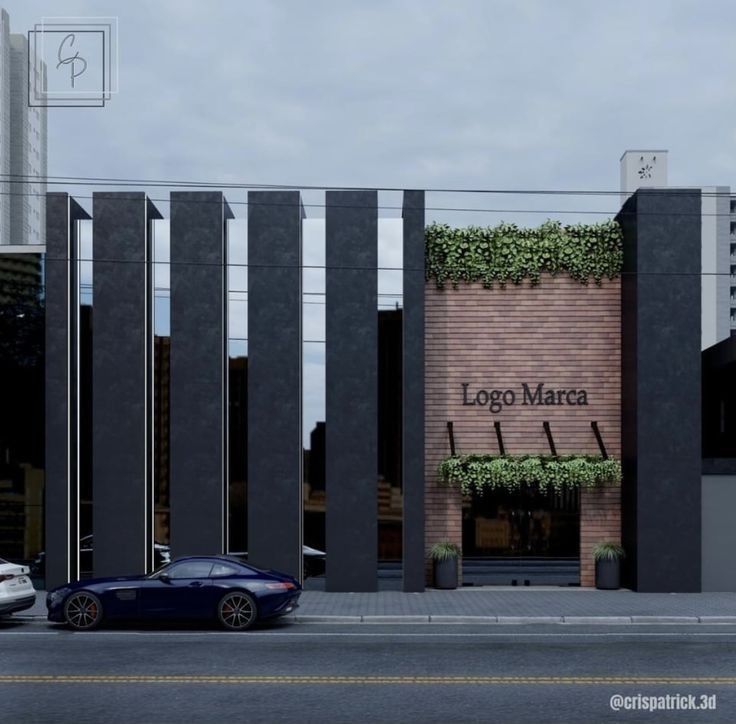 a car parked in front of a building with a sign that says logo marca