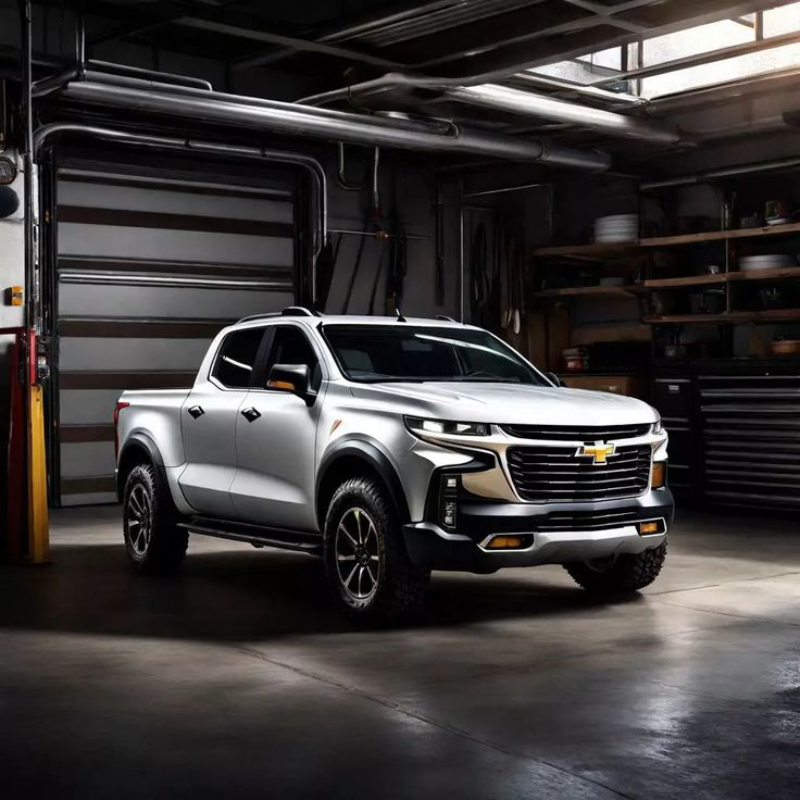 a silver truck is parked in a garage