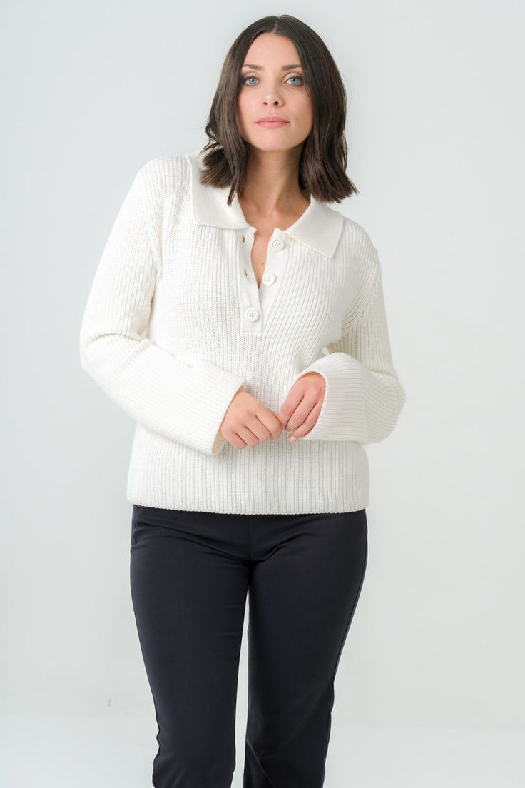 - Polo sweater with button placket on the front- Galalith buttons made in France- The model is 170 cm tall and wears a size M- If you are between sizes, take the next size downColor: Off-White. Also available in Dark Green.Composition: 100% merino wool certified OEKO-TEX® 100.Manufacturing: knitted and made in Roanne (FR).This sweater is made from a natural material that is both comfortable and breathable for the skin. It is carefully made in France by artisans with unique know-how, who share ou Kids Garments, Knit Bottom, Eco Friendly Clothing, Polo Sweater, Active Wear Leggings, Sweaters Knitwear, Sustainable Clothing, Knit Sweater Cardigan, Tank Shirt