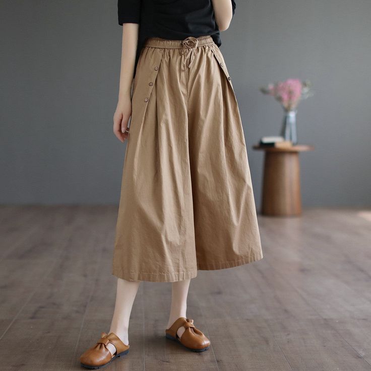 Details: Gender: Women Item Type: Pants Material: Cotton Season: Summer Pattern: Solid Style: Casual, Loose, Retro Waist Type: Elastic Waist Size: One Size Waist: 70.00 - 100.00 cm/ 27.56 - 39.37 " Length: 79.00 cm/ 31.10 " Hip: 142.00 cm/ 55.91 " Loose Wide Leg Pants, Summer Retro, Summer Pattern, Boys Backpacks, Summer Patterns, Khaki Green, Color Khaki, Shoe Box, Leg Pants