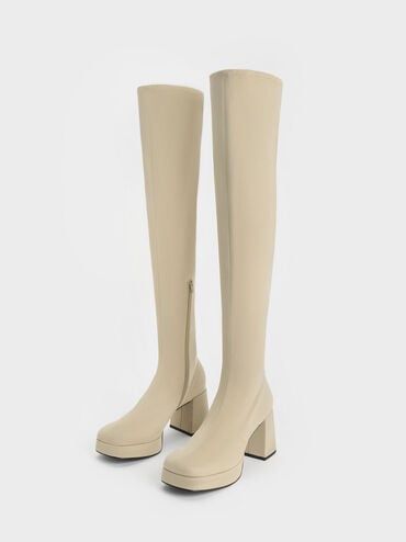 Beige Evie Textured Platform Thigh-High Boots | CHARLES & KEITH Fall Beige Over-the-knee Boots, Quiet Confidence, Charles Keith, Thigh High Boots, Thigh High, Thigh Highs, High Boots, Block Heels, Confidence