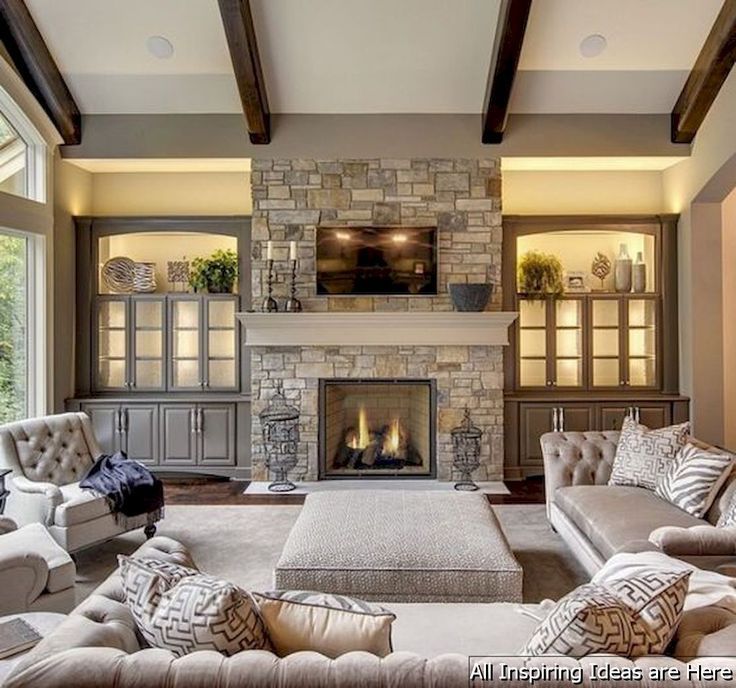 a living room filled with furniture and a fire place in the middle of it's walls