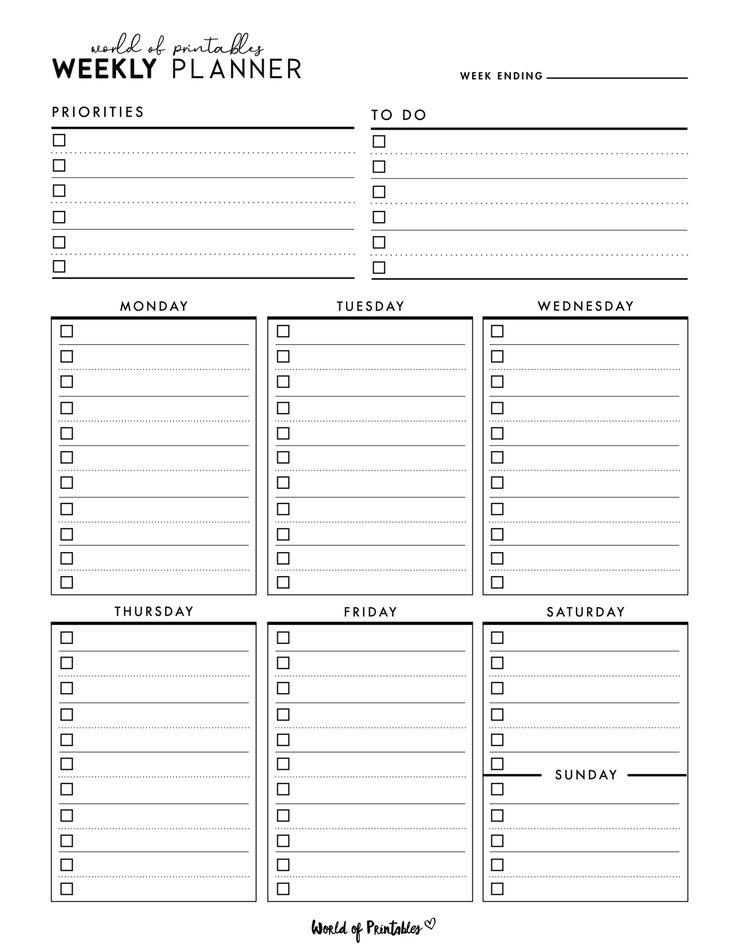 the printable weekly planner is shown in black and white