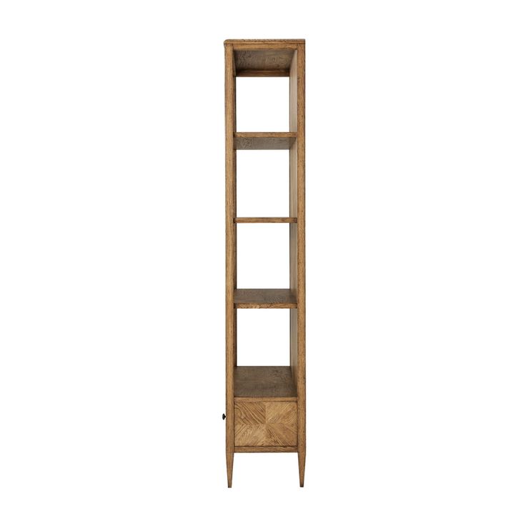 a tall wooden shelf with three shelves on each side and one drawer in the middle