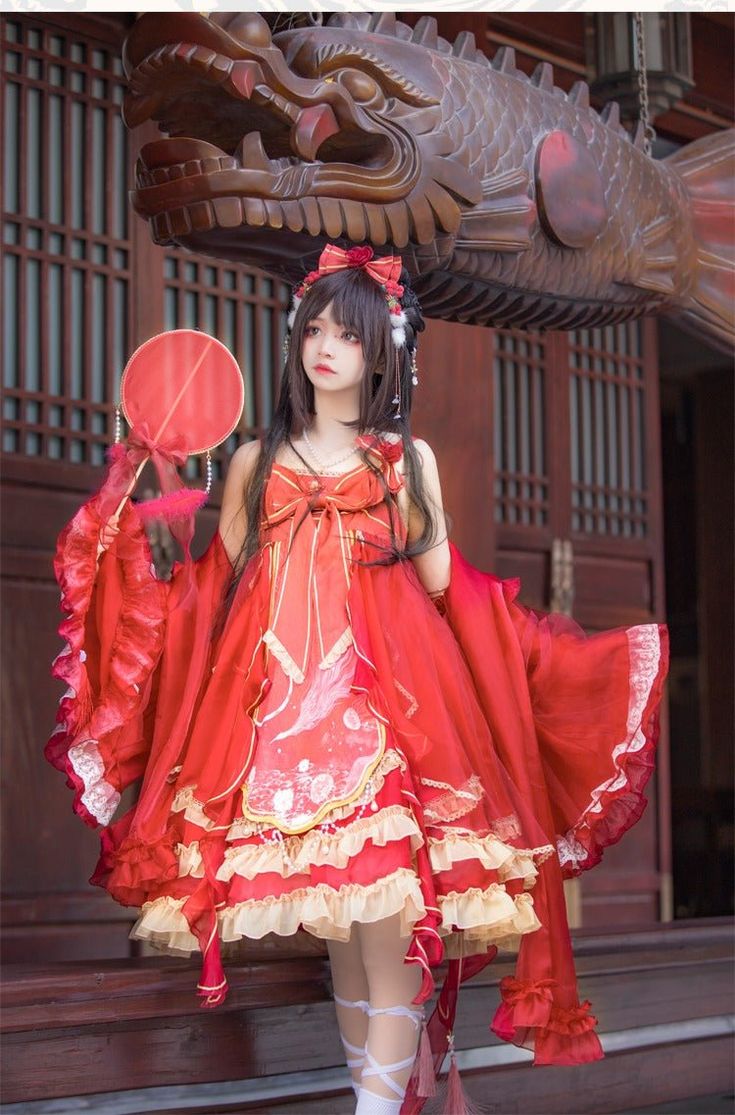 ❤Phoenix Pearl Ribbon Dress with Princess Sleeves under the Moon❤ Red Harajuku Style Dress For Costume Party, Harajuku Style Pink Dress For Cosplay Events, Harajuku Style Red Long Sleeve Dress, Red Princess Dress, Red Harajuku Dress For Halloween, Cherry Blossom Outfit, Red Princess, Harajuku Red Ruffled Dress, Ribbon Quilt