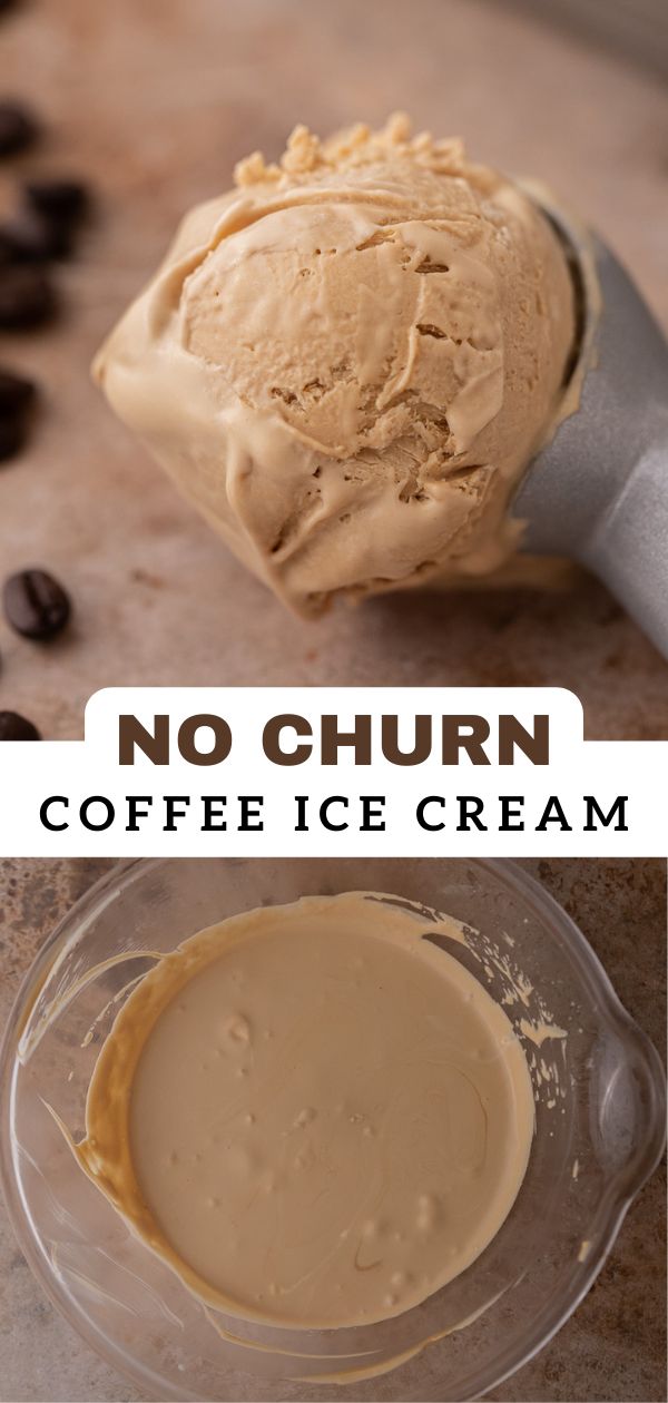 no churn coffee ice cream in a glass bowl and on a counter with coffee beans