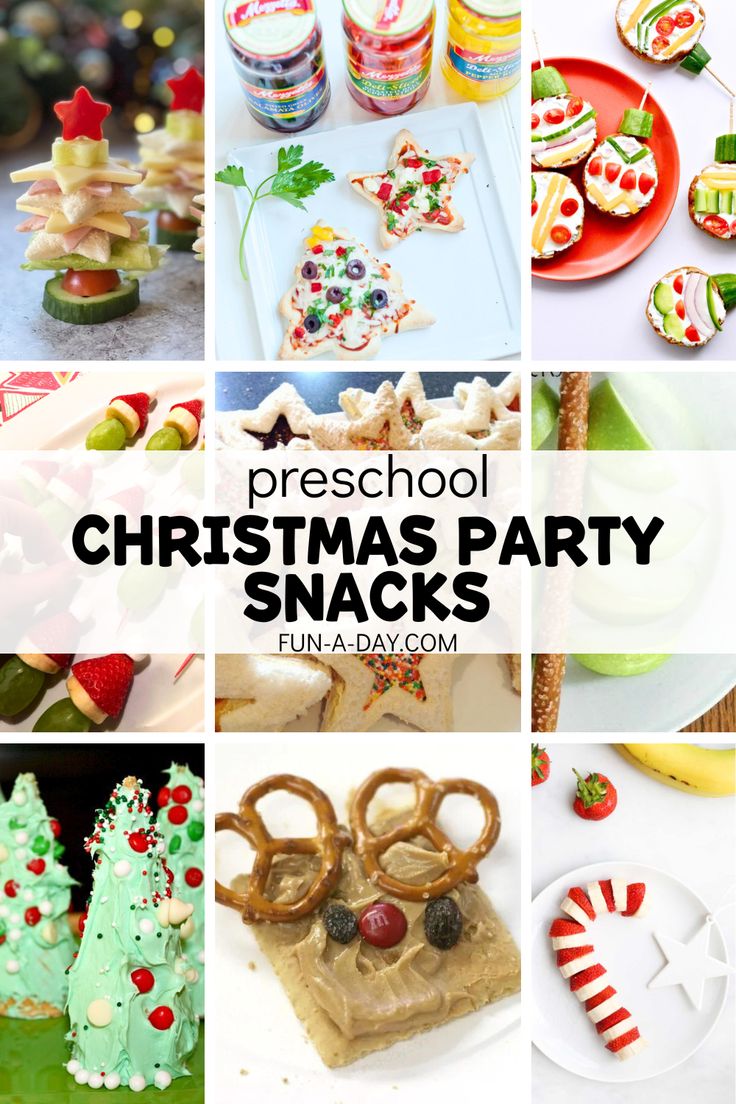 christmas party snacks and desserts with the words preschool christmas party snacks