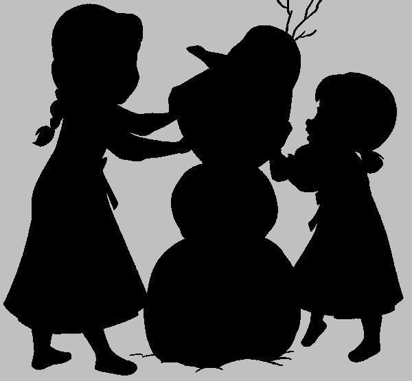 two children building a snowman with their arms around each other, silhouetted against a gray background