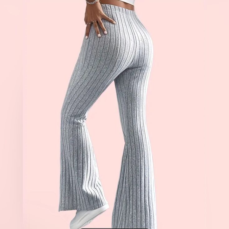 Elegant High Waist Solid Pants, Women's Clothing Ribbed Long Pants For Fall, Chic Gray Pants, Fall Ribbed Long Pants, Gray Wide Leg Pants For Spring, Gray Fitted Casual Bottoms, Chic Full-length Ribbed Pants, Chic Full Length Ribbed Pants, Fall Ribbed Gray Bottoms, Ribbed Stretch Wide Leg Bottoms