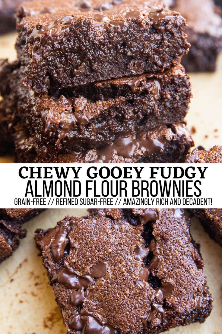 chewy gooey fudgey almond flour brownies stacked on top of each other