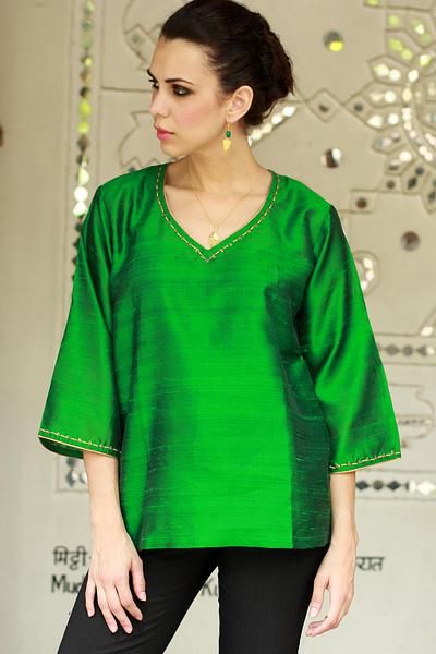 Silk tunic, 'Grand Emerald' - Embellished Silk Tunic Blouse from India Green Silk Top, Sequin Embellished Top, Sequin Tunic, Sequin Sleeve, Dupioni Silk, Silk Tunic, Tunic Pattern, Embroidered Tunic, Embellished Top