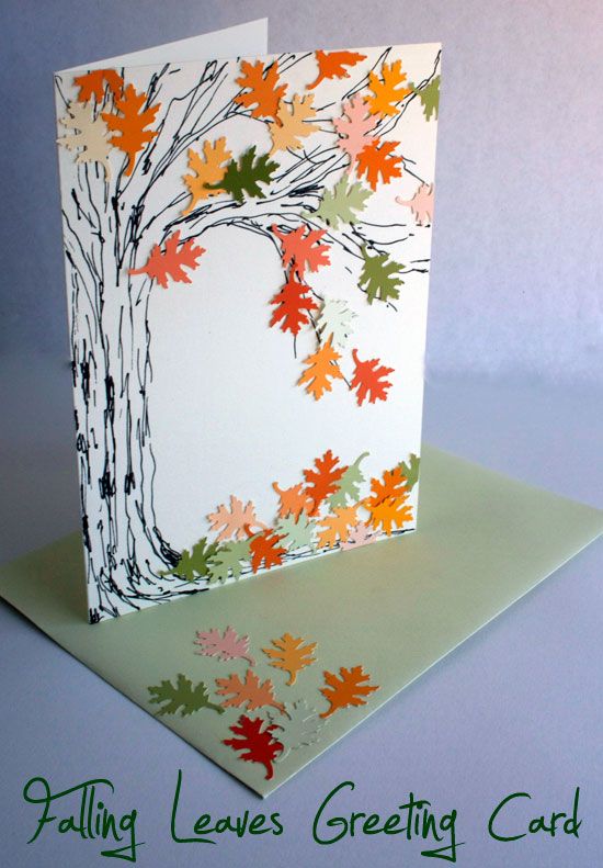 a card with leaves on it and the words falling leaves greeting card written in green