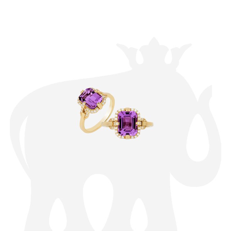 JR0149-AM 'Gossip' Amethyst Emerald Cut Ring in 18K White & Yellow Gold with Diamonds Stone Size: 9 x 7 mm Diamonds: G-H / VS, Approx Wt: 0.16 Cts Emerald Cut Ring, Emerald Cut Rings, Diamond Stone, Emerald Cut, Sapphire Ring, Yellow White, Emerald, Sapphire, Amethyst