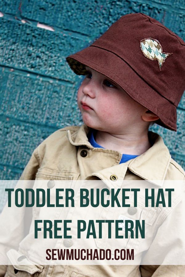 a toddler wearing a brown hat with the words toddler bucket hat free pattern