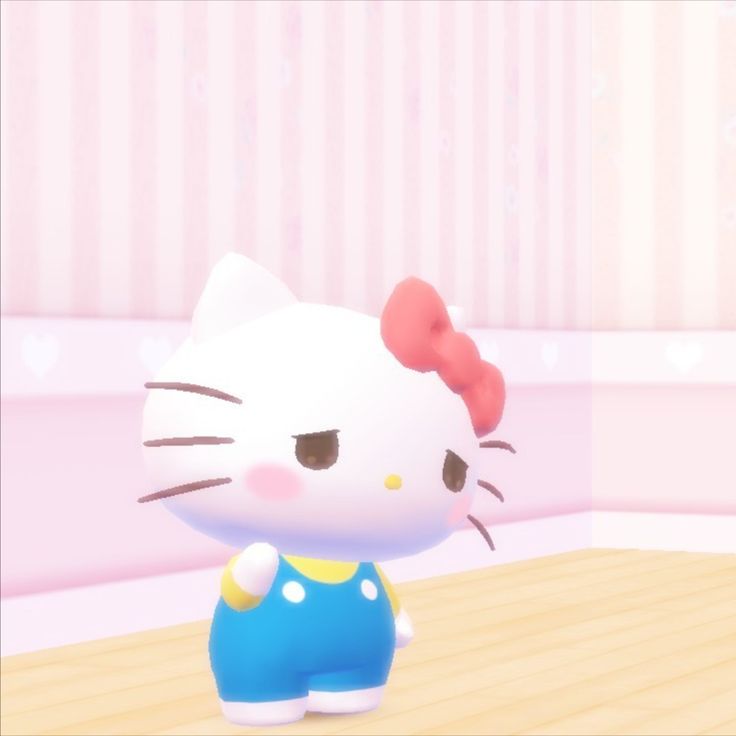 an animated hello kitty is standing in a room with pink walls and wooden flooring