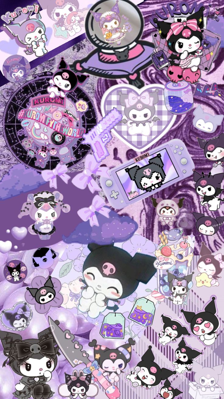 many different stickers are arranged in the shape of hearts and cats on a purple background