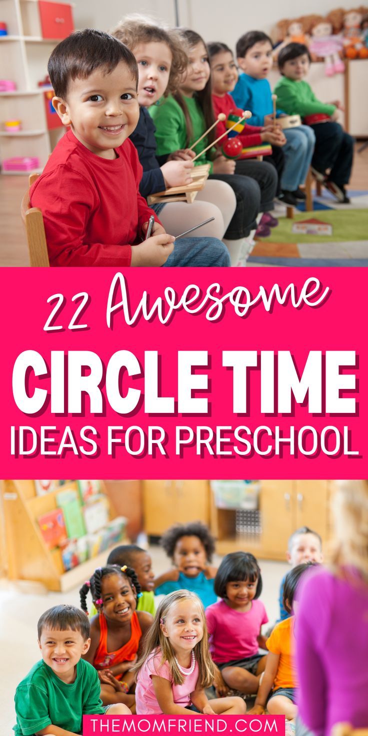 children are sitting on the floor in front of their teacher's desks with text overlay that reads 22 awesome circle time ideas for preschool