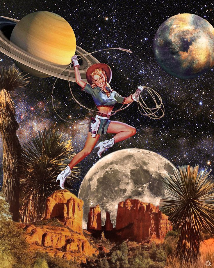 a woman is flying through the air with a lasso in her hand and planets behind her