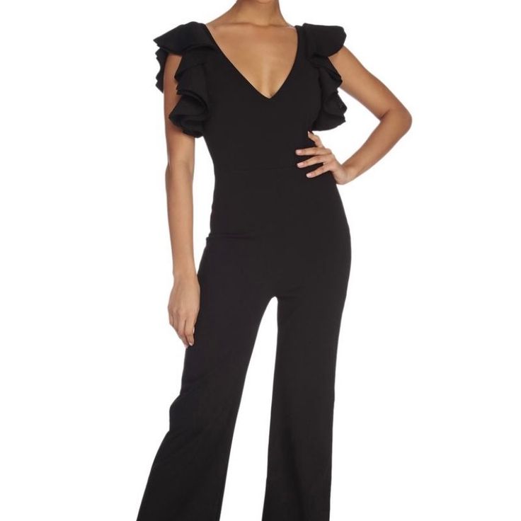 Nwt Windsor Black Jumpsuit Wide Leg, Bottom Of Pant Leg = 11 Inches. Ideal Length For Someone Who Is 5’4-5’5 Fitted V-neck Jumpsuit With Ruffles, Sleeveless Black Jumpsuit With Ruffles, Sleeveless Black Ruffled Jumpsuits And Rompers, Sleeveless Black Ruffled Jumpsuit, Black Sleeveless Ruffled Jumpsuit, Solid Evening Jumpsuits And Rompers With Ruffles, Black Ruffled Jumpsuit For Night Out, Black Ruffled Jumpsuits And Rompers For Spring, Fitted Black Jumpsuit With Ruffles