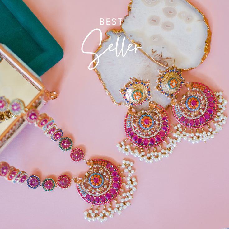 Elegant Multicolor Sets With Latkans, Fusion Style Diwali Jewelry Sets, Festive Pearl Chandbalis, Festive Pearl Chandbalis In Temple Jewelry Style, Festive Pearl Temple Jewelry Chandbalis, Festive Fusion Style Jewelry Sets For Celebration, Elegant Pink Pearl Necklace For Festivals, Festive Fusion Jewelry Sets, Festive Fusion Jewelry Sets For Celebration