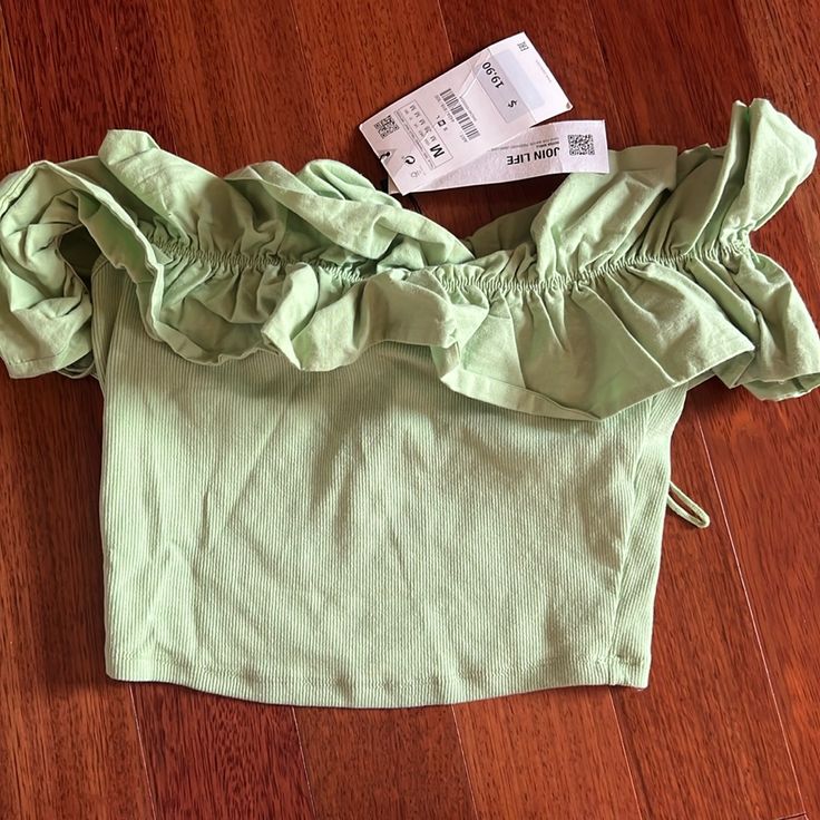 Nwt!!! Light Green Ruffle, Either Worn Strapless Or One Shoulder Pet And Smoke Free Household Summer Cropped Top With Ruffles, Spring Cotton Crop Top With Ruffles, Spring Day Out Crop Top With Ruffles, Zara Ruffled Tops For The Beach, Zara Stretch Summer Tops, Zara Crop Top For Summer, Spring Ruffled Crop Top For Day Out, Fitted Green Crop Top With Ruffles, Green Ruffled Tops For Summer