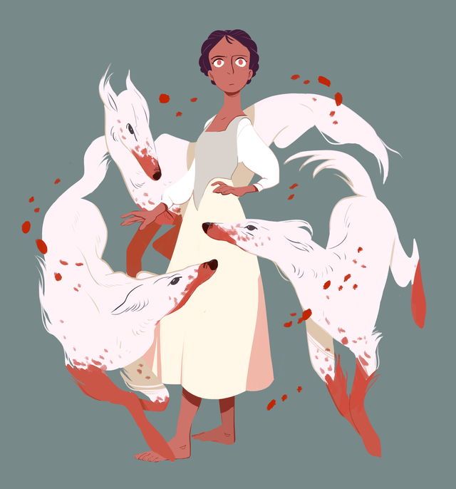 a woman standing in front of three white dogs with blood on it's body