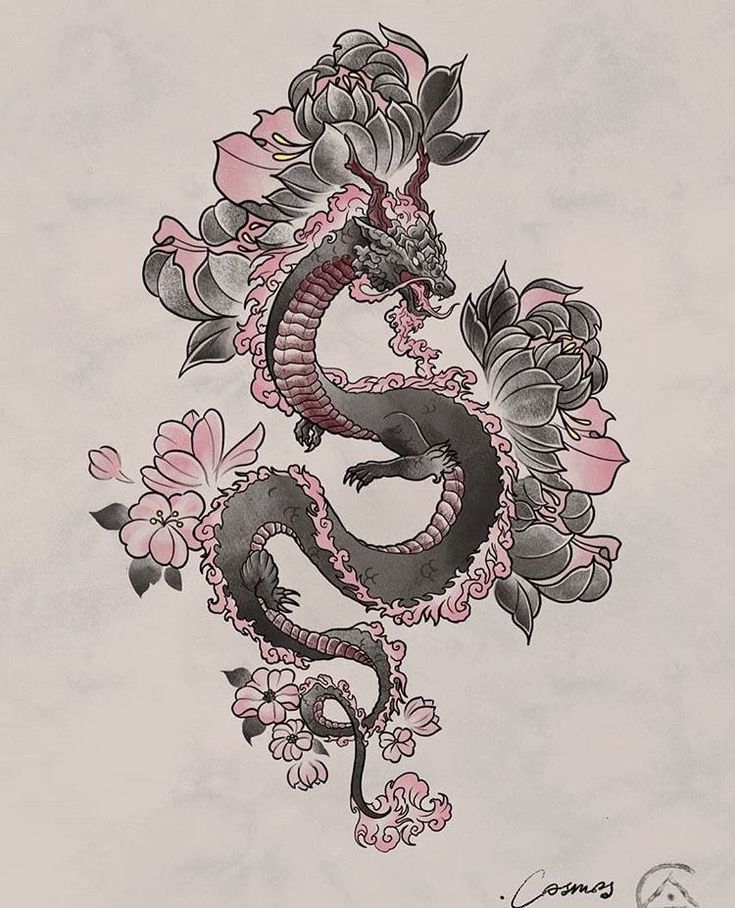 a drawing of a dragon with flowers on it