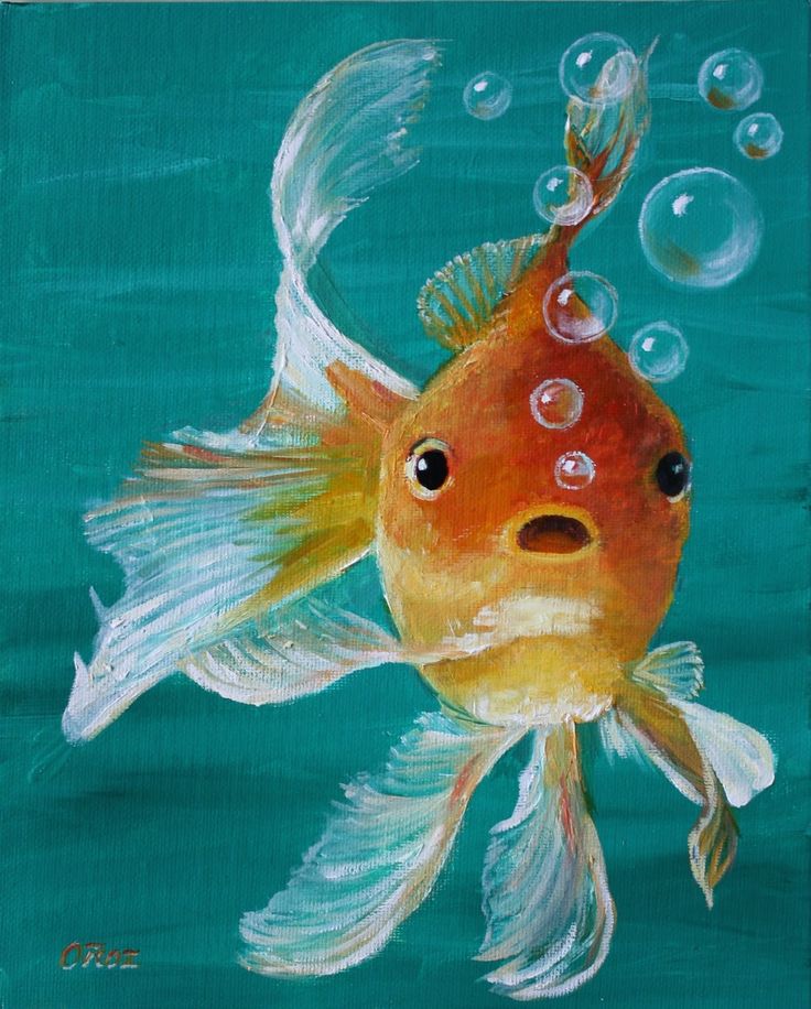 an acrylic painting of a goldfish with bubbles in it's mouth