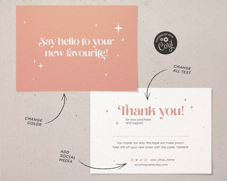 two cards with the words say hello to your new favorite, and thank you on them