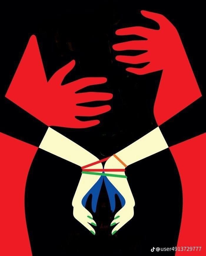 two hands are holding each other in front of a black background with red, white and blue colors