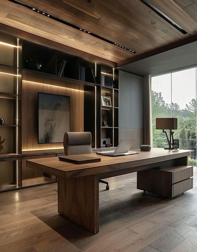 a large wooden desk sitting inside of a living room next to a glass wall with lots of windows