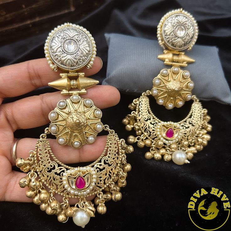 Manku Statement Earring - Earring -925Silver Fusion Style Chandbali Brass Jhumkas, Festival Brass Earrings With Cutdana, Wedding Brass Chandbalis With Tilla Detailing, Wedding Brass Chandbalis With Tilla, Wedding Chandbalis In Brass With Tilla Detail, Wedding Chandbalis With Tilla In Brass, Wedding Brass Chandbalis For Diwali, Temple Style Bridal Brass Earrings For Festivals, Wedding Diwali Brass Chandbalis