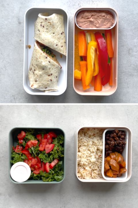 three containers with different foods in them on the same side, each containing rice and vegetables