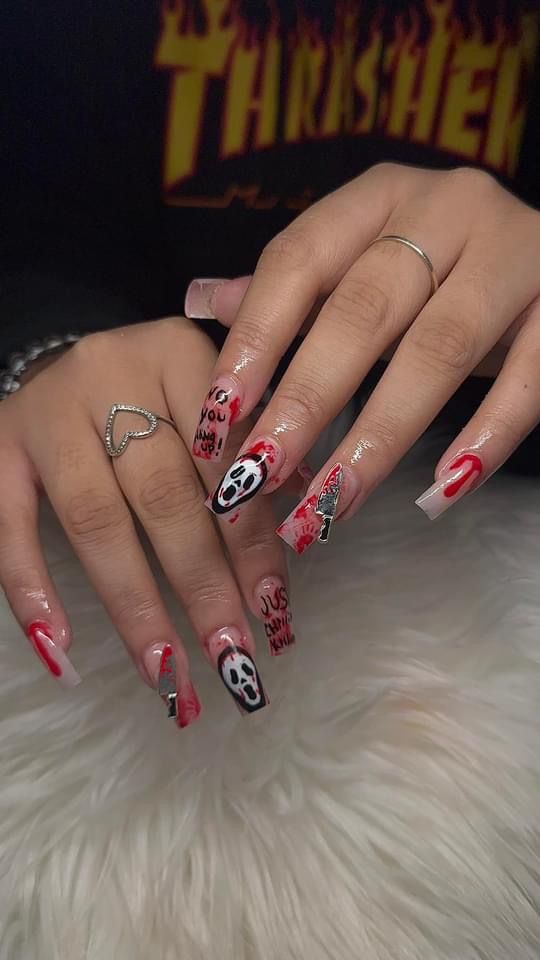 scream nails Halloween Nails Short Ghost Face, Halloween Nails Scary Movie, Scream Nails Almond, Scream Face Nails, Scream Nails Short, Scream Movie Nails, Scream Acrylic Nails, Scream Nail Designs, Scream Nails Acrylic