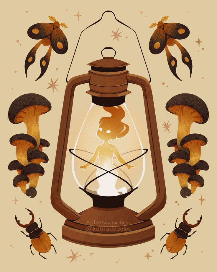 an illustration of a lady in a lantern surrounded by bugs