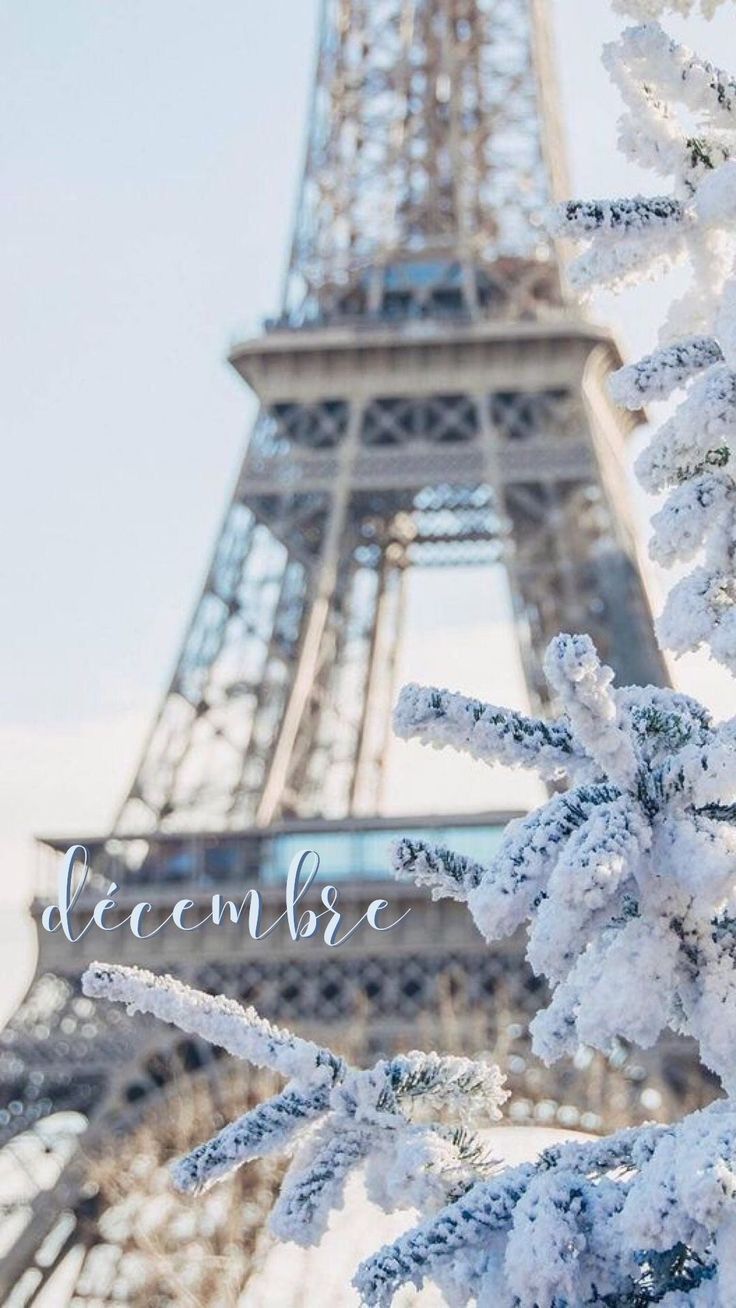 the eiffel tower in paris is covered with snow and has words written on it